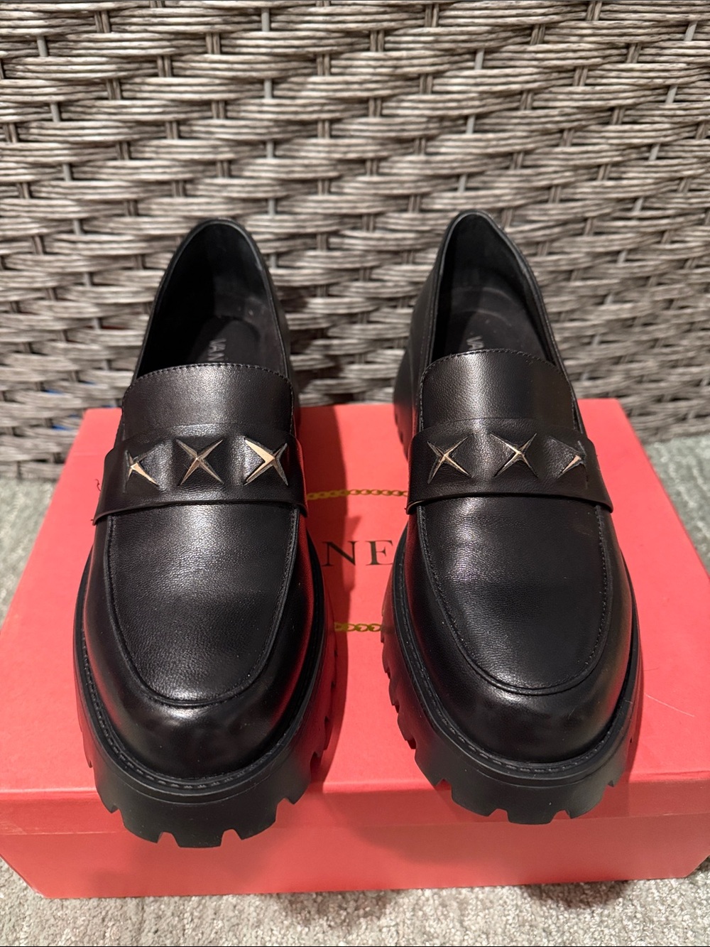 Vaneli Black Leather women’s 8.5 Stud-Accented Lug Sole Loafers